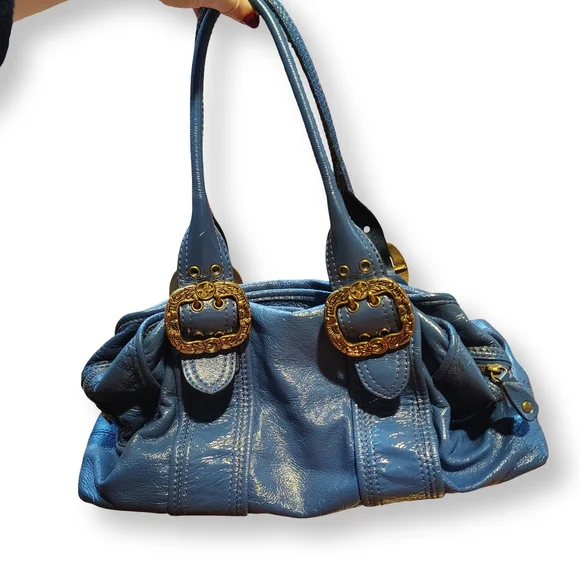 SOLD Y2K Vintage Gianni Bini Blue Leather Handbag Purse w/ Buckles & Keychain - Picture 2 of 8